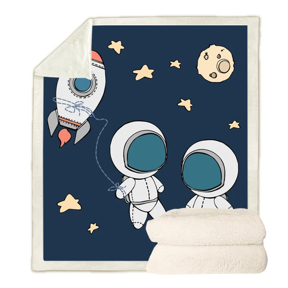 

CLOOCL Cartoon Children's Blankets Drocket astronaut 3D Graphic Double Layer Blanket Throw Keep Warm Quilt Airplane Portable