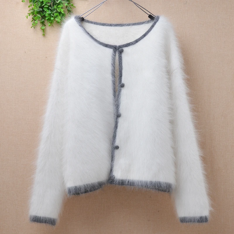 

female women autumn winter thick white hairy mink cashmere knitted short style loose cardigan angora fur sweater jacket coat top