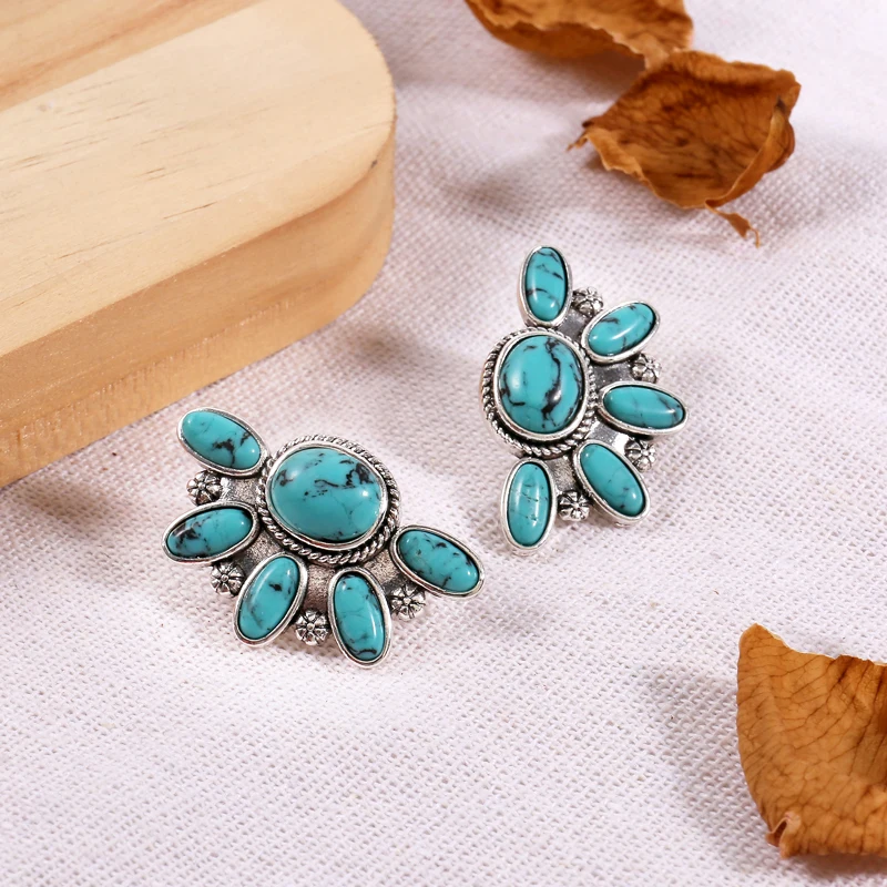 

Fashion Vintage 925 Silver Needle Stud Earring Bohemia Blue Stone Earrings for Women Wedding Anniversary Party Gift Wholesale