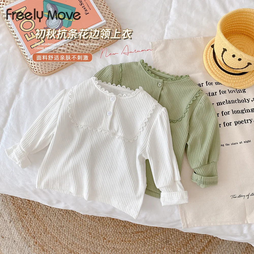 

Freely Move Cute Girl T-shirt Spring Baby O-Neck Lace T-Shirt Girl Long Sleeve Bottoming Shirt Cotton Child Long Sleeve T-Shirt