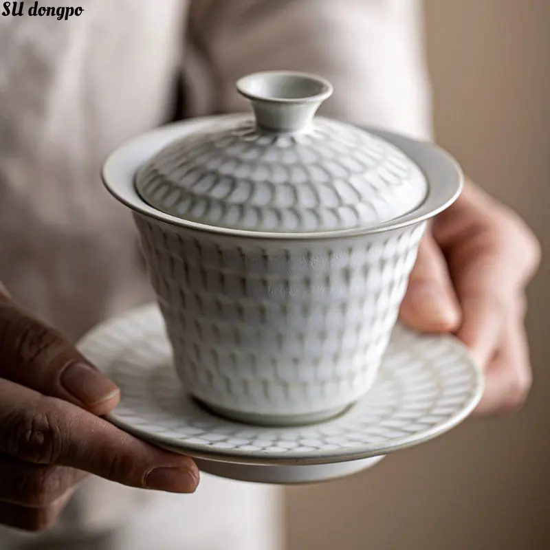 

Imitation Ancient Moon White Hammer Pattern Sancai Gaiwan Creative Ceramic Tea Making Bowl Kung Fu Tea Set Tea Dispenser