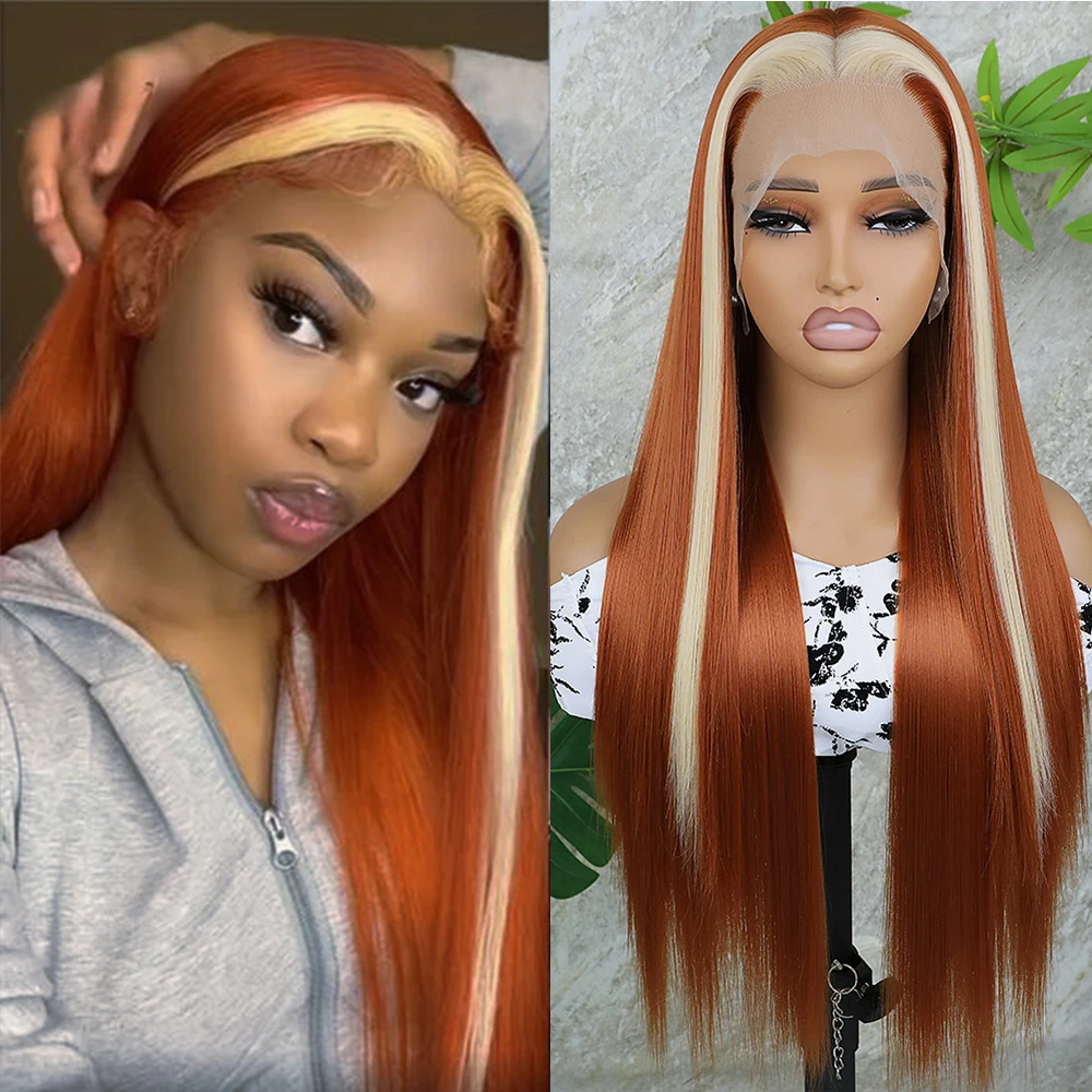 Apolaurel Блондин Синтетический Парик Фронта Шнурка Прямой 13x3 С Оранжевым Оттенком