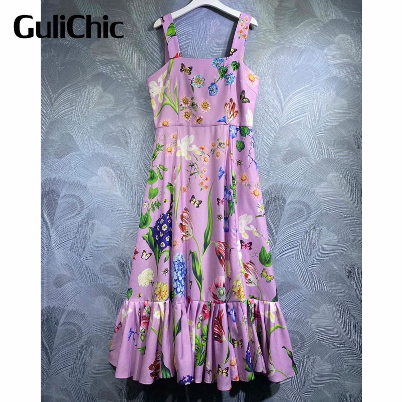 6.15 GuliChic Women Runway Fashion Flower Butterfly Print Sequind Beading Spliced Hem Spaghetti Strap Elegant Dress Holiday