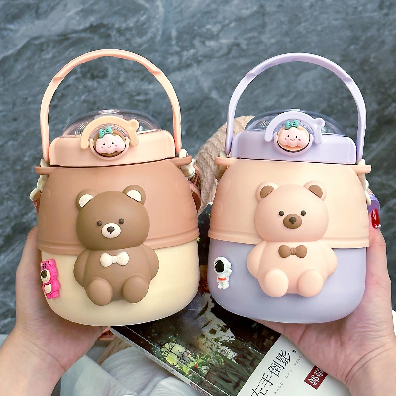 

900ml Large Capacity Cartoon Bear Thermos Cup 316 Stainless Steel Straw Belly Cup High Color Value Student Cup