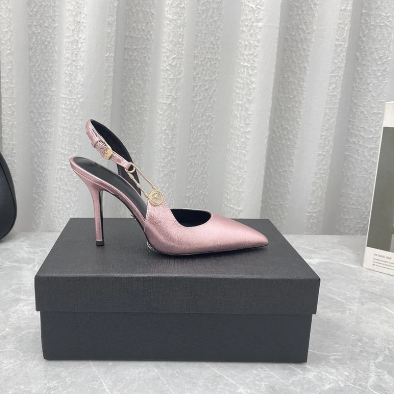 European and American Metal Button Pointed High Heels 2023 New Shallow Mouth Thin Heel Sexy One Line Sandals Women