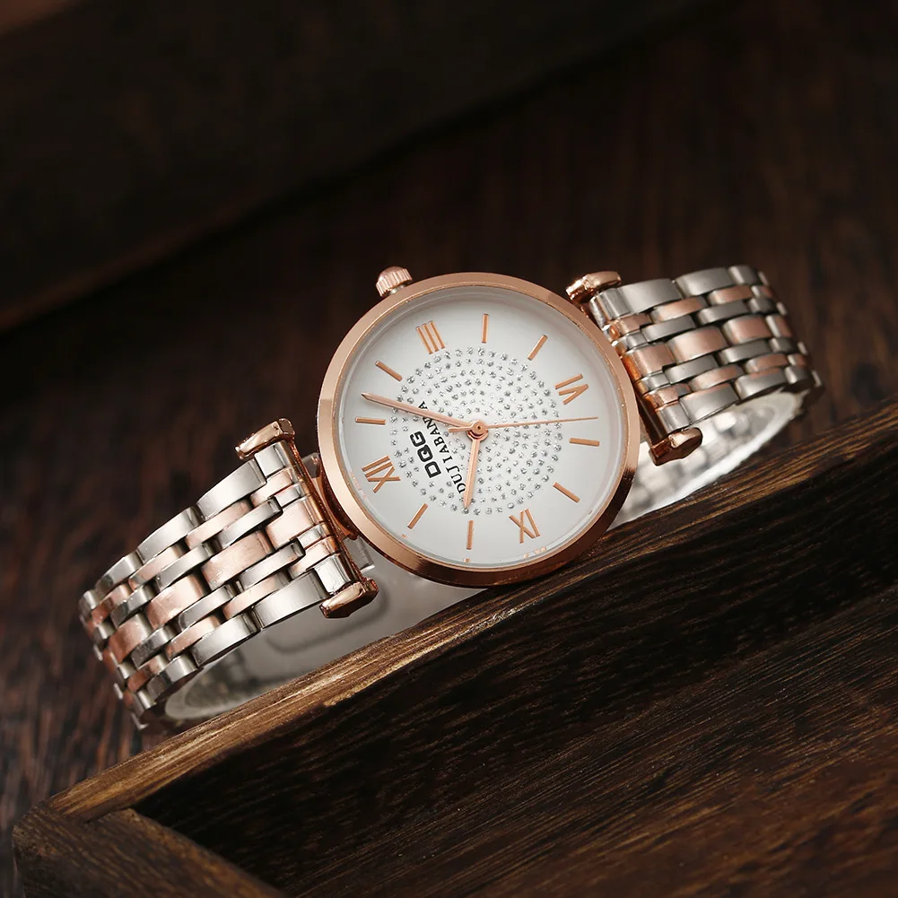 Relogio Fashion Luxury Brand DQG Women Watches Rhinestone Watch Casual Stainless steel gold band quartz Wristwatches Reloj Mujer