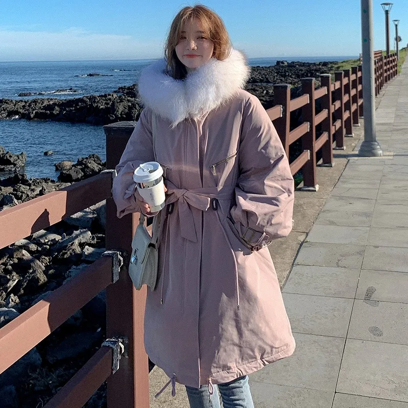 Winter Warm Space Cotton Jacket Ladies Solid Color Lace Zipper Fashion Thick Mid-length Parka Coat Jacket Ladies Thick Hooded