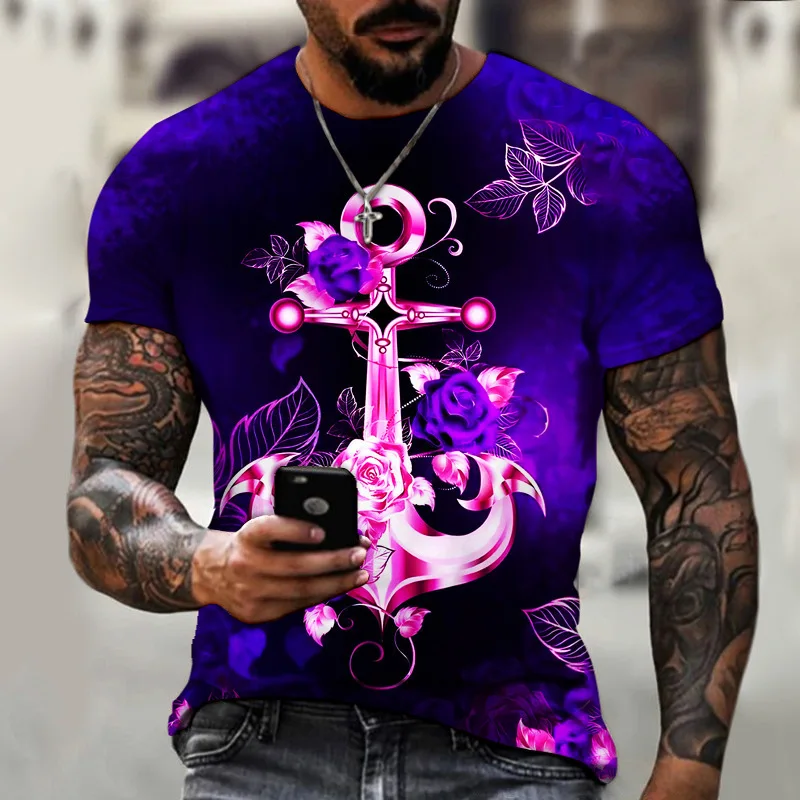 

Vintage Print T-shirt Men's Summer Oversized Cross Graphic Tops Casual O-neck Crocus Black Tshirts Harajuku Oversized Clothes