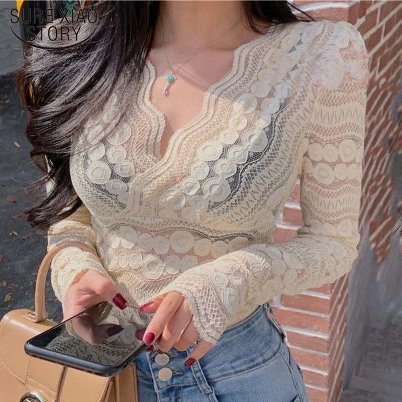 

Casual V-neck Summer Lace Blouse Women Gentle Puff Sleeve Tops Slim 2022 Short Sleeve Bottoming Crochet White Shirt Blusas 19675