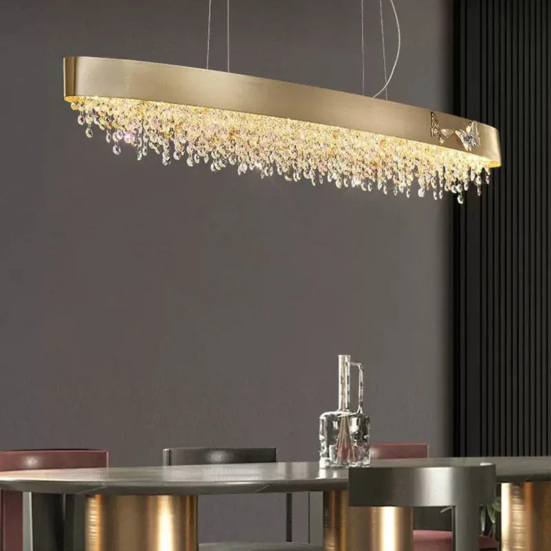 

Modern Chandelier Dining Room Design Kitchen Island Crystal Led Hanging Lamp Home Decor Indoor Lighting Gold Rectangle Lustre