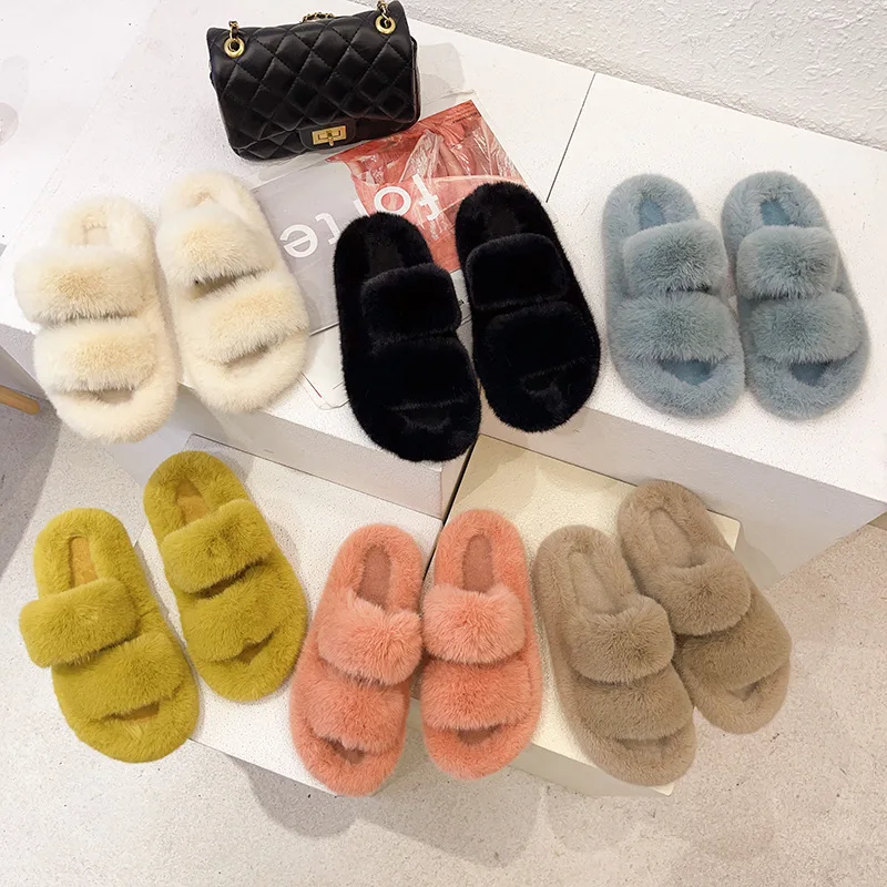 2022 Winter Keep Warm Women Fur Furry Slippers for Home Fluffy Soft Indoor Slides Thick Flats Heel Non Slip Indoor House Shoes