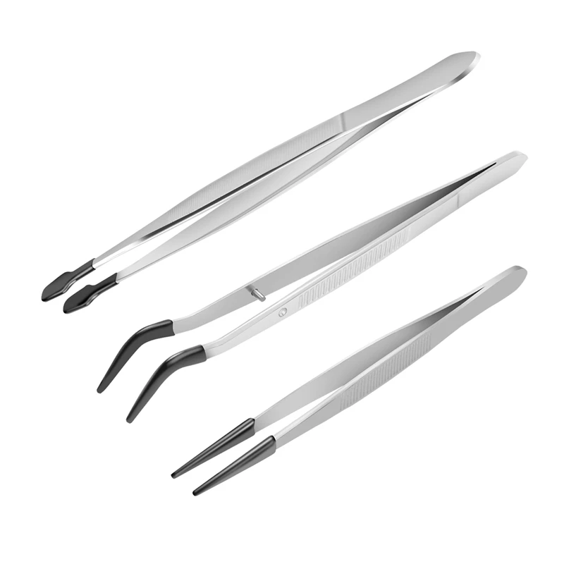 

3 Pcs Rubber Tipped Tweezers Replacement 6Inch Straight Flat Tweezers & 6Inch Bent Tip Tweezers & 4.7Inch Pointed Tweezers