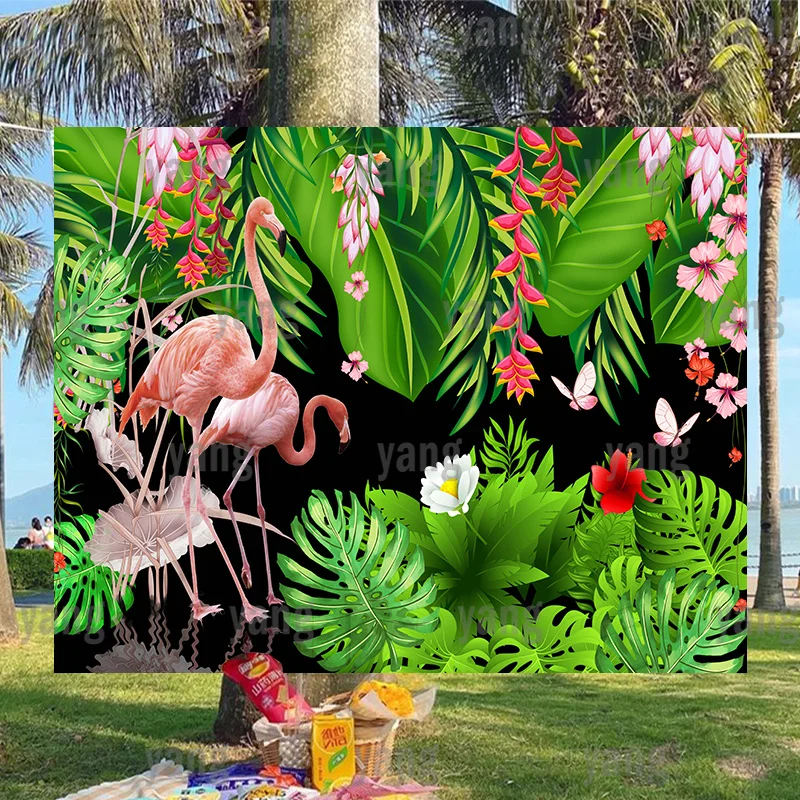 

Pink Flamingo Customize Happy Birthday Party Backdrop Newborn Girls Jungle Leaves Flowers Background for Photo Banner Decoration