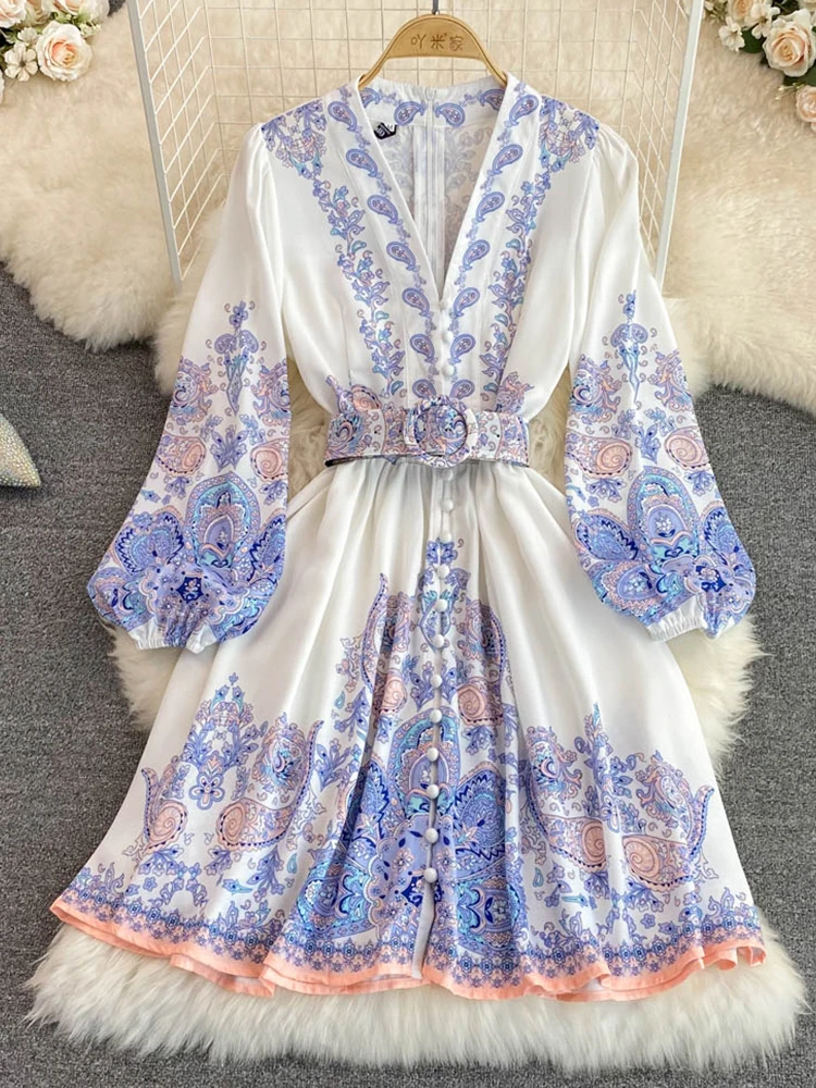 

FMFSSOM Summer New Fashion Casual V-Neck Lantern Sleeve A-Line Dress Elegant Single Breasted Printed Long Sleeve Dress With Belt