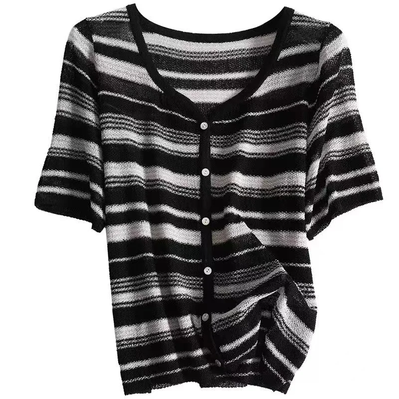 

Ice silk short sleeve cardigan top women's new 2023 summer thin model retro knitted short sleeve single breasted sweater women