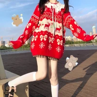 autumn winter preppy style kawaii o neck christmas bow full sleeve elk sweaters knitting pullover xmas red sweater for female