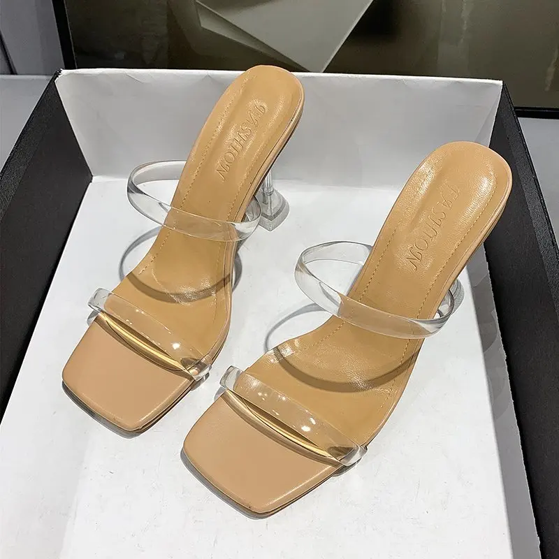 

Sexy Transparent Slippers Summer Women Shoes Fashion Hollow High Heels Square Toe Clear Heel Slides Super High Heel Party Shoes
