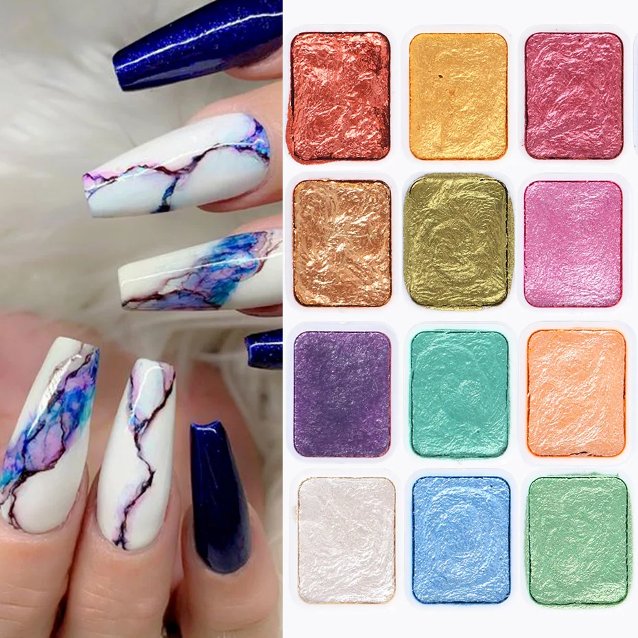 

Metallic Pearl Watercolor Paint Set Blooming Powder Chrome Dipping Powder Marble Gradient Solid Pigment Nail Accessories SA1915
