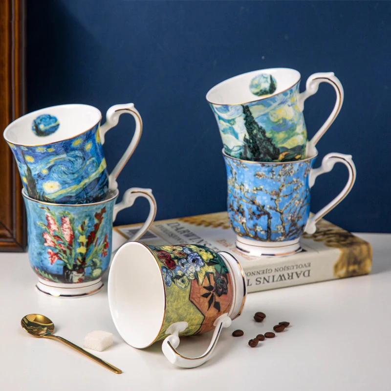 

Large Ceramic Mug Van Gogh Oil Painting Bone China Coffee Cup Creative Breakfast Cups Espresso Porcelain Personalized Gift Box