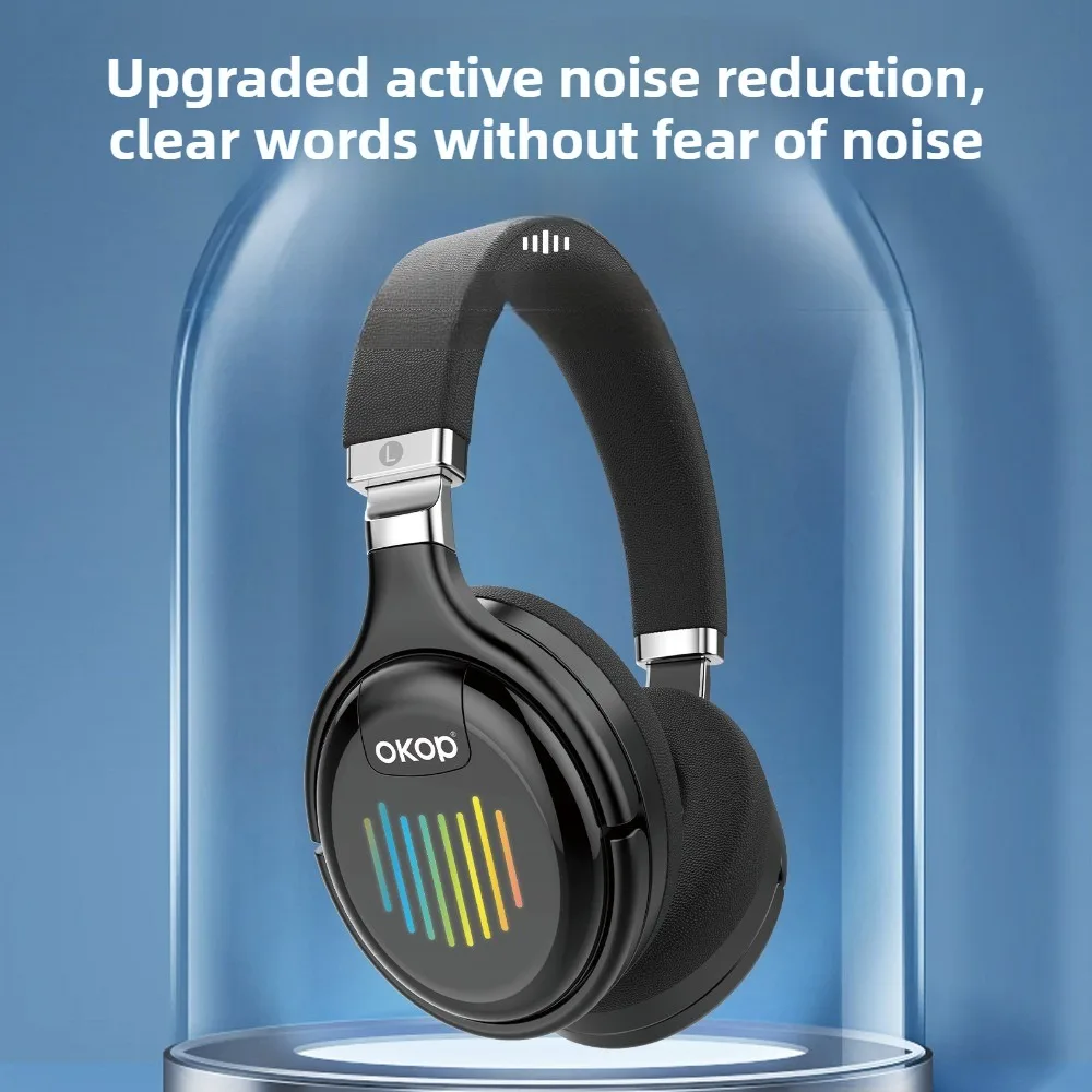Фото OKOP Беспроводная Bluetooth-гарнитура, складная RGB-гарнитура, активное шумоподавление, динамический динамик, подходит для ноутбуков наушники №3