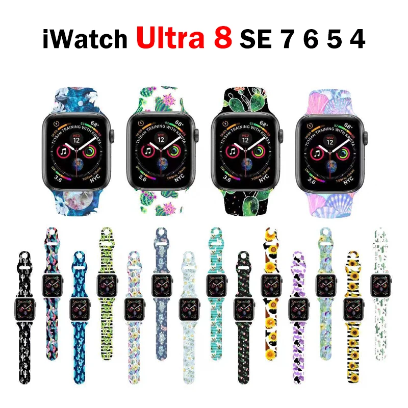 

Ремешок силиконовый для Apple Watch Band 44 мм 40 мм 38 мм 42 мм, женский браслет с принтом для iWatch Series 7 6 SE 5 4 3 41 мм 45 мм