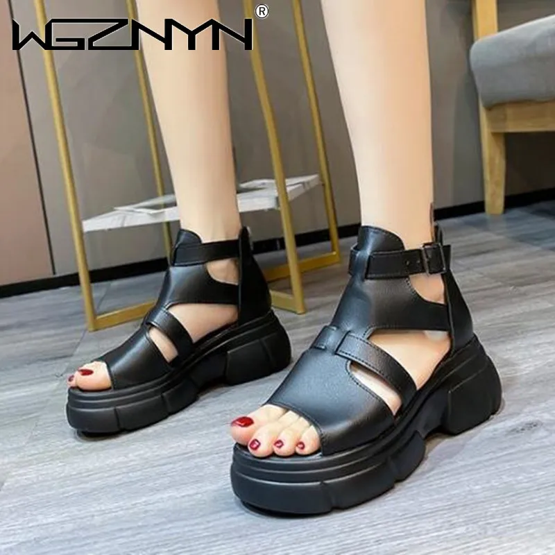 

Women Retro Sandals Women Shoes Genuine PU Leather Fish Mouth Solid Color Non Slip Flat Thicken Increase Women Platform Sandals