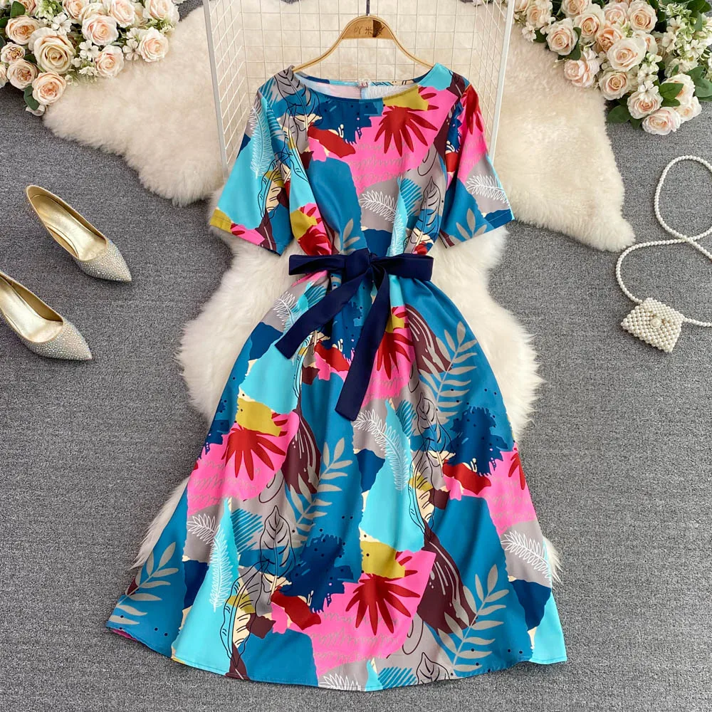 

VANOVICH Summer New French Style O-neck Waist Bow Belt Fashion Print A-line Dress Temperament Short Sleeve Mid-length Dress