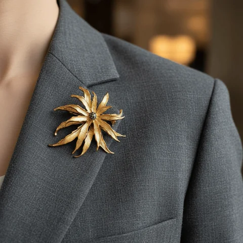 Золотая брошь с хризантемой из цинкового сплава