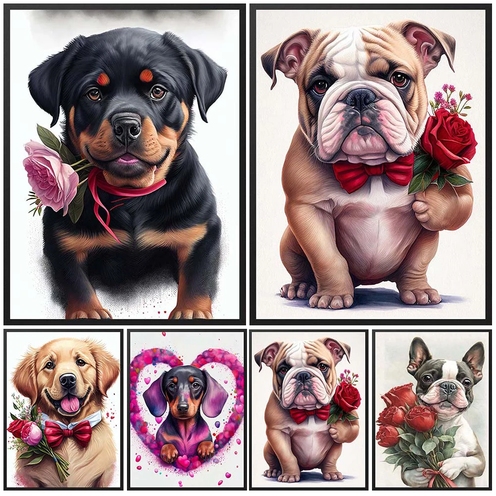 

Dog with Rose Flowers Cartoon Pet Wall Pictures For Living Room Nordic Poster Wall Art Canvas Painting Home Decor Unframed