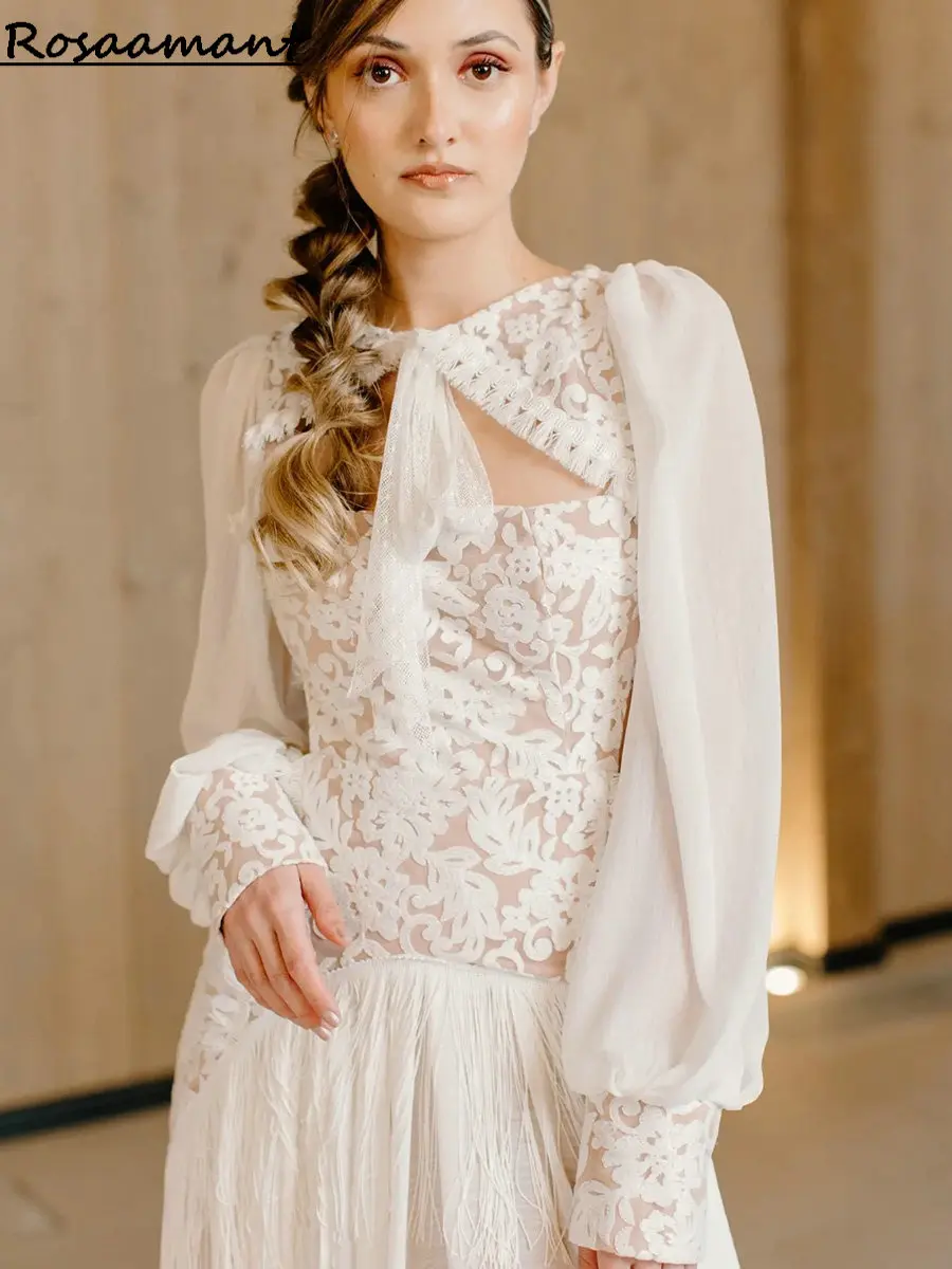 

Bohemian Long Sleeve Open Back Mermaid Wedding Dresses Pleat Appliques Lace Boho Bridal Gowns