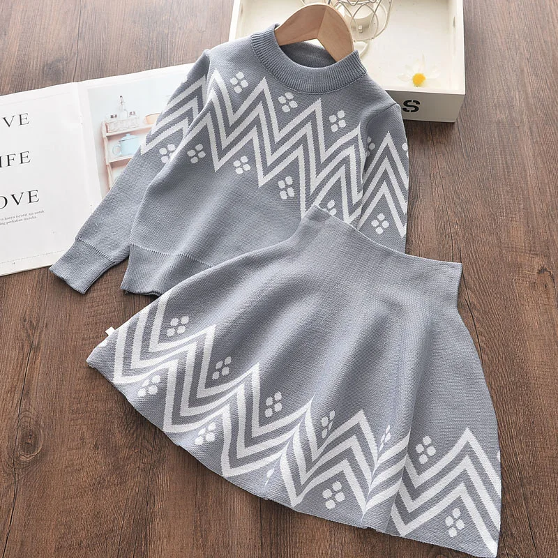 

Melario Girls Dress 2022 Winter Geometric Pattern Dress Long Sleeve Girls Clothes Top Coat+ Tutu Dress Sweater Knitwear 2pcs