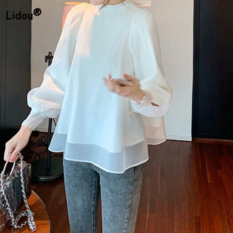 

Fashion All-match Bow Stand Collar Button Net Yarn Vintage Puff Sleeve Solid Long Sleeve Palace Style Spring Loose Tops Women