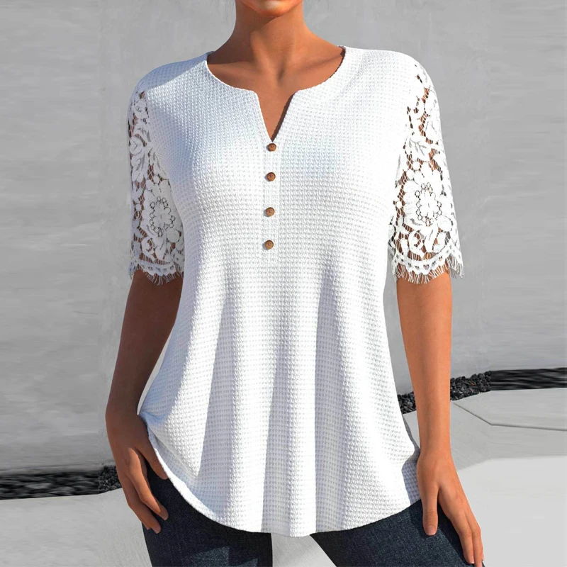 

Повседневная Свободная вязаная блузка с V-образным вырезом и коротким рукавом, Новинка весна-лето 2023, женские рубашки, элегантная Офисная Женская одежда, блузы 26253