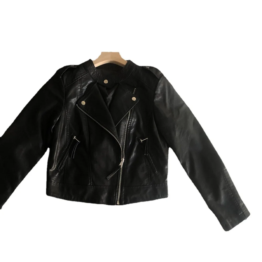 Spring and autumn short stand-up collar simple epaulettes women PU leather jacket slim small leather motorcycle coat