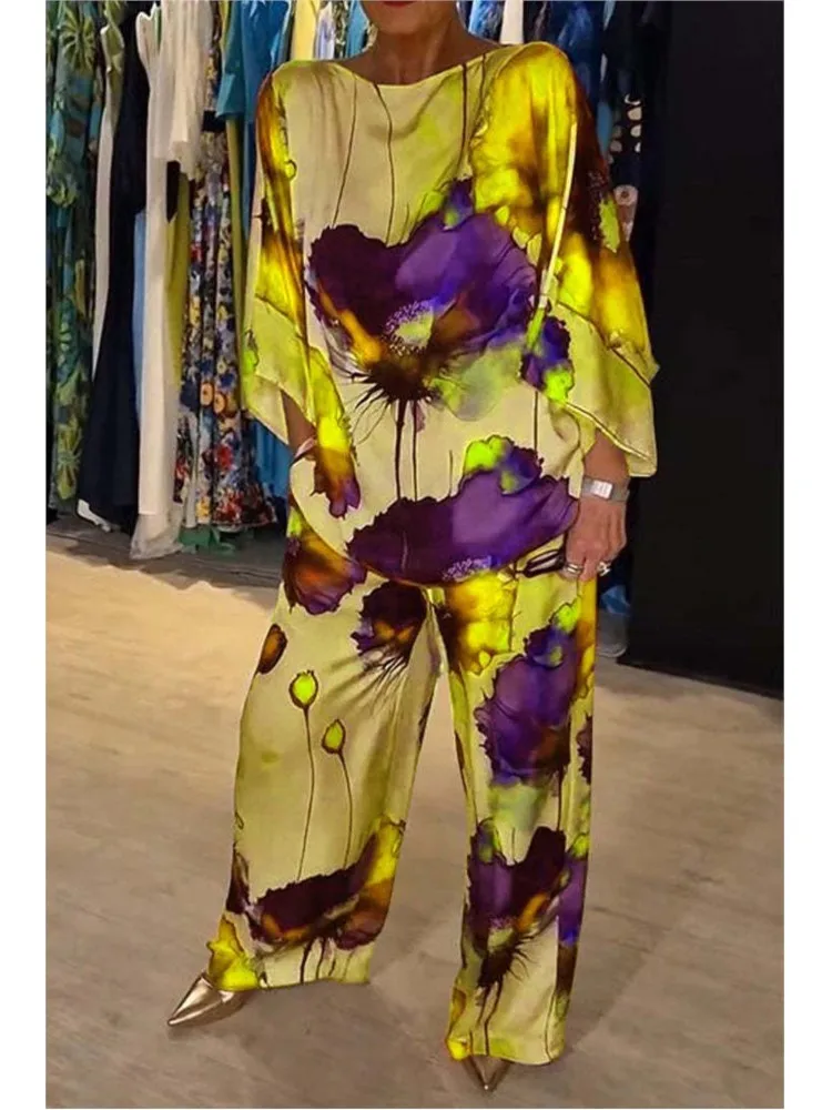 Комплект из двух предметов женский атласный с принтом Модный повседневный