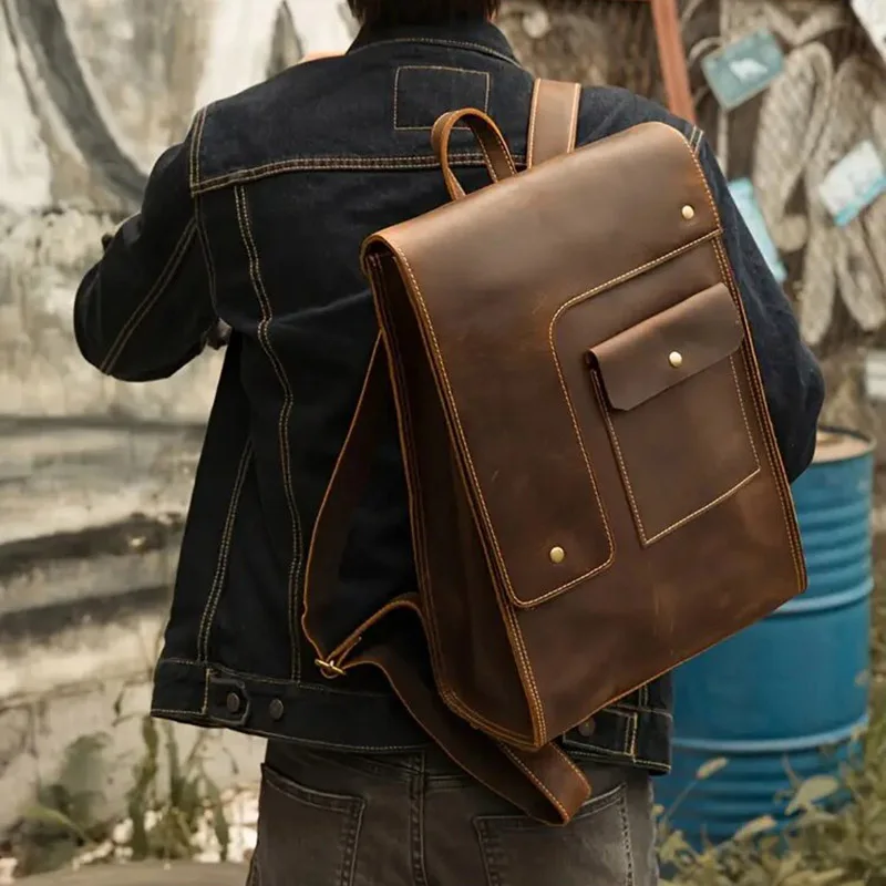 Винтажный мужской рюкзак Crazy Horse из натуральной кожи подходит для 15 дюймов