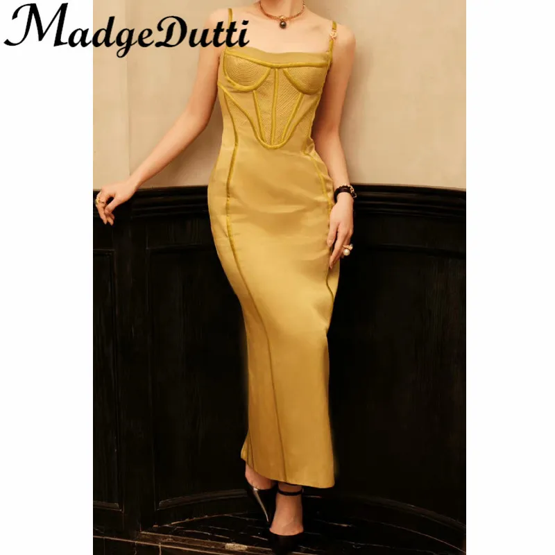 

2.22 MadgeDutti Holiday Temperament Sexy Spaghetti Strap Fishbone Strapless Slim Midi Dress Women