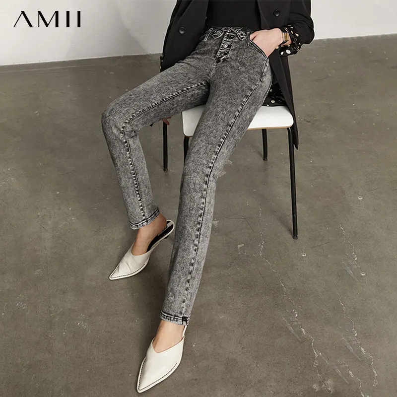 

Amii Minimalism Spring Fashion Jeans For Women Streetwear High Waist Straight Gray Women's Pants Causal Female Jeans 12140217