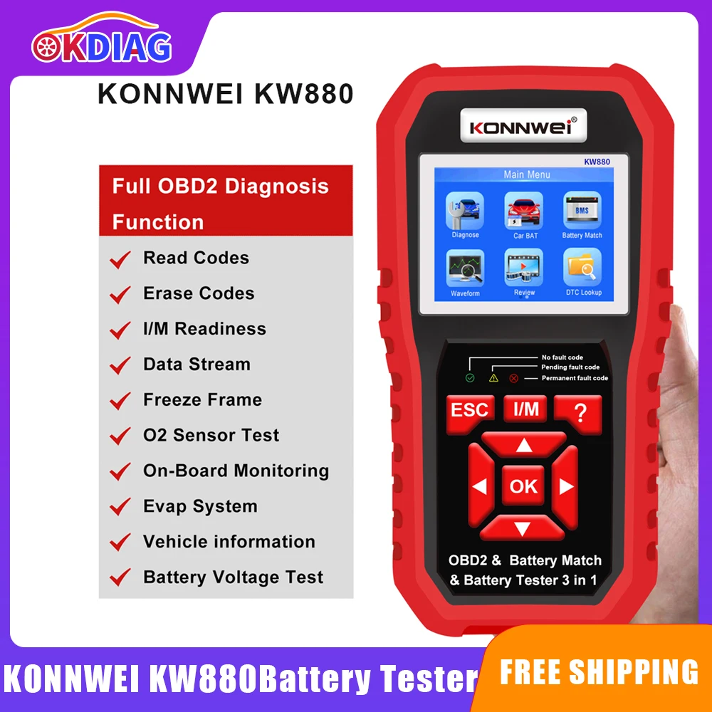 

KONNWEI KW880 Car Battery Tester 12V Auto Diagnostic Tool Battery Analyzer Match 3 in 1 Car OBD2 Scanner Full OBD2 Function