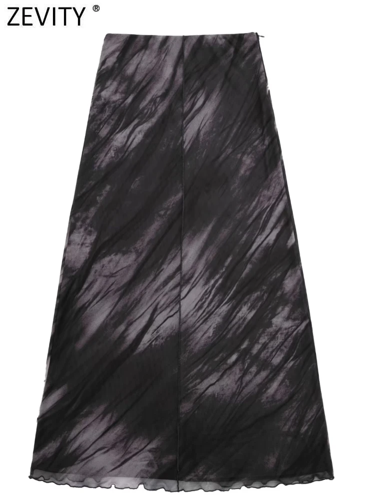 

Zevity New Women Vintage Ink Painting Print Edge Ruffles A line Midi Skirt Faldas Mujer Female Chic Retro Mesh Vestidos QUN2909