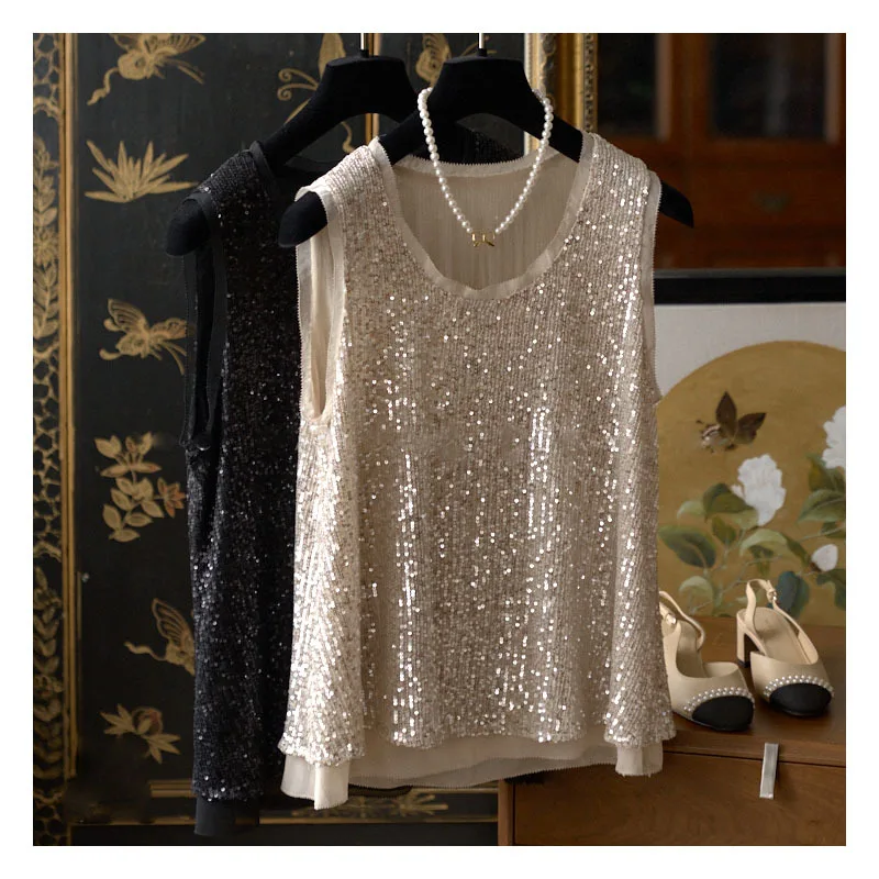 Женская Двухслойная футболка без рукавов с блестками