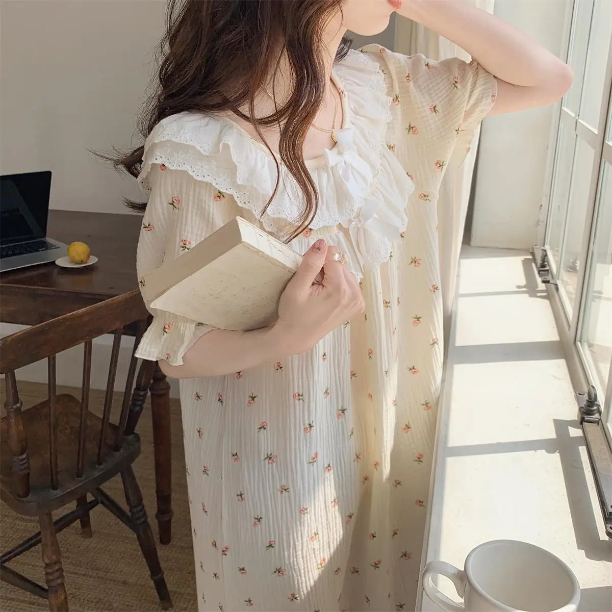 Lovely Floral Print Summer Nightgown Women Double Lace O-Neck Short Sleeve Cotton Long Sleepwear Loose Sweet Korean Night Dress