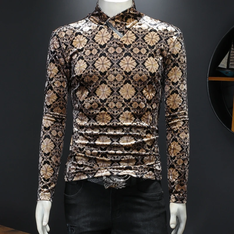 

Luxury Velvet T-shirt Men Long Sleeve Slim Casual Tee Tops Fashion Half Turtleneck T-shirt Social Streetwear Bottoming Shirt