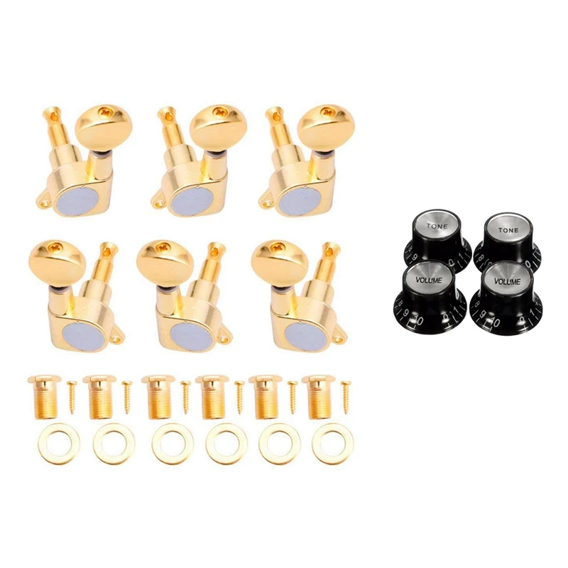 

Guitar Knobs 2 Volumes And 2 Tones Silver Top Hat Bell & 6 Guitar Tuning Pegs Tuner Touches Strings Button 3L + 3R Gold