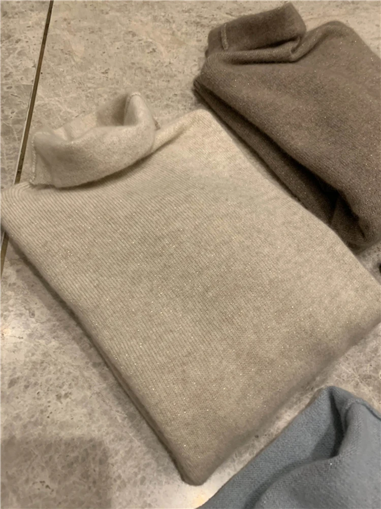 Pure Wool Shiny Silk Autumn and Winter New Pile Collar Sweater Women Loose Inner wear Turtleneck Shirt Knit