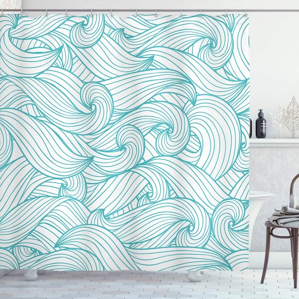 

Turquoise Shower Curtain Abstract Pattern with Waves and Cloud Fashion Style Waterproof Fabric Bathroom Bath Curtains with Hooks