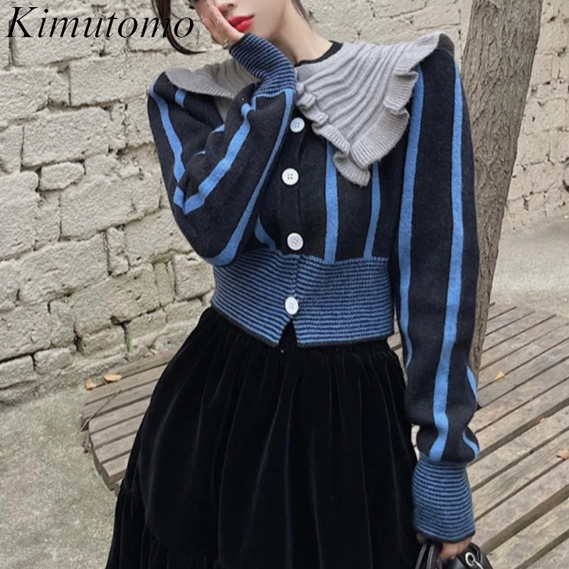 

Шикарный вязаный кардиган Kimutomo Ins, весна 2022, новый корейский разноцветный контрастный полосатый топ с одной грудью