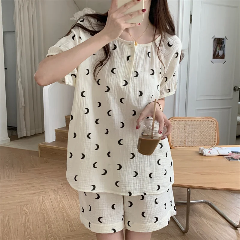 

Women Pajama Set Summer Soft Cotton Gauze Pullovers Tops O Neck Short Sleeve Shorts Suit Home Clothes Breathable Print Moon D426