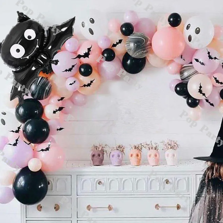 

77pcs Halloween Balloon Garland Matte Ivory Pink Black Bat Balloons Baby Shower Gender Reveal Birthday Party Spooky Arch Kit