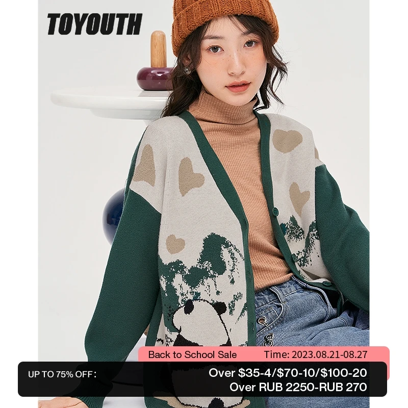 

Toyouth Women Knit Cardigan 2022 Autumn Long Sleeves V Neck Loose Sweaters Panda Jacquard Green Casual Chic Tops